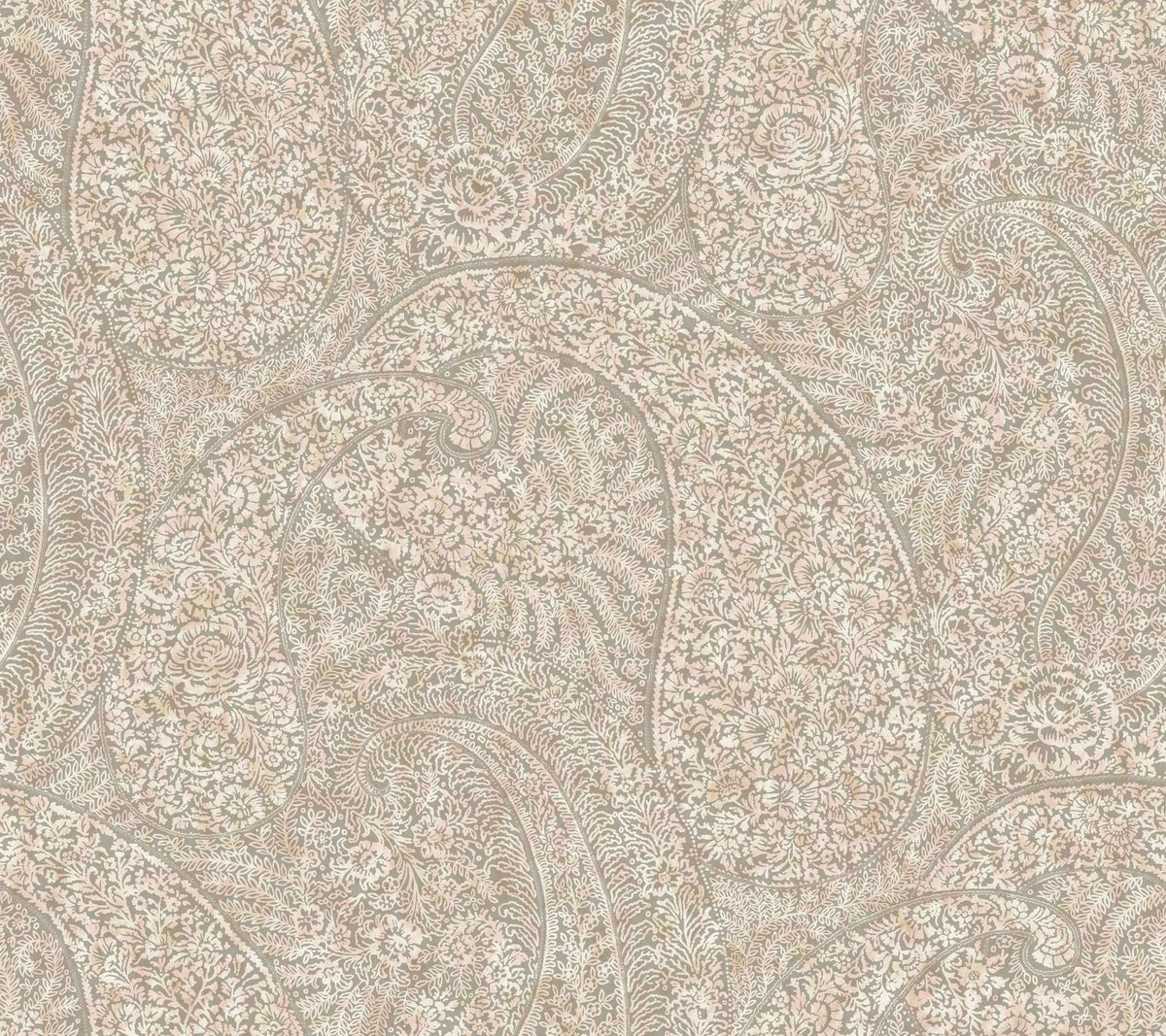 Kashmir Dreams Paisley Wallpaper by York Wallcoverings features an intricate blend of beige and cream paisley patterns, adorned with densely packed floral and leaf motifs. The swirling shapes and fine lines create a soft, detailed, and vintage-inspired look throughout the design.