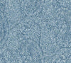 Kashmir Dreams Paisley Wallpaper by York Wallcoverings features an intricate blue and white paisley pattern, densely filled with detailed floral and leaf designs to create an ornate and textured appearance.