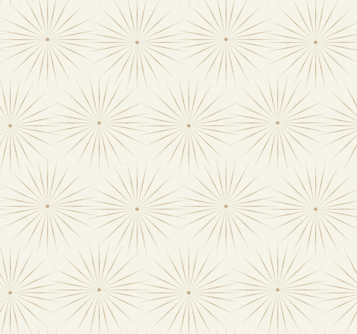 Starlight Wallpaper by York Wallcoverings features a beige background adorned with a seamless geometric pattern of dotted starbursts, each radiating from a central point.