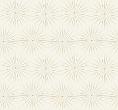 Starlight Wallpaper by York Wallcoverings features a beige background adorned with a seamless geometric pattern of dotted starbursts, each radiating from a central point.