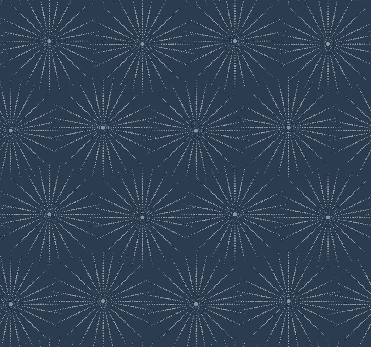 Starlight Wallpaper by York Wallcoverings features a geometric, symmetrical design with a repeating dark blue pattern accented by white dotted starbursts radiating from circular centers.