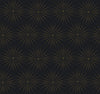 Introducing the Starlight Wallpaper from York Wallcoverings: this design features rows of geometric, symmetrical starbursts with evenly spaced, radiating lines. Each dotted starburst pattern stands out against a dark background, creating a striking and modern effect.