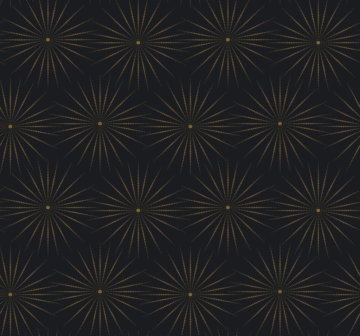 Introducing the Starlight Wallpaper from York Wallcoverings: this design features rows of geometric, symmetrical starbursts with evenly spaced, radiating lines. Each dotted starburst pattern stands out against a dark background, creating a striking and modern effect.