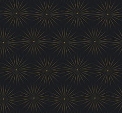 Introducing the Starlight Wallpaper from York Wallcoverings: this design features rows of geometric, symmetrical starbursts with evenly spaced, radiating lines. Each dotted starburst pattern stands out against a dark background, creating a striking and modern effect.