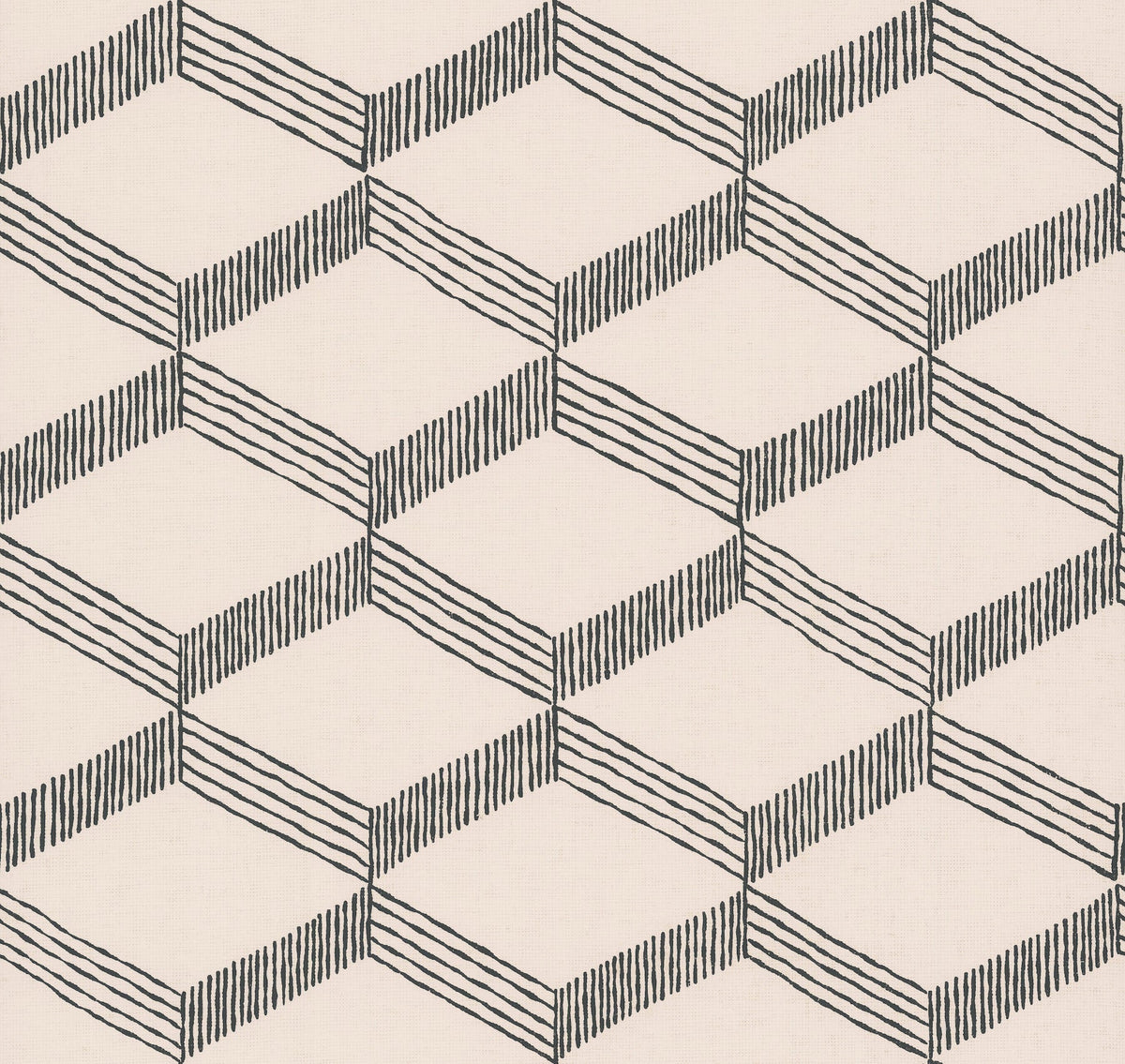 Palisades Paperweave Wallpaper by York Wallcoverings features a geometric pattern of black outlined cubes with diagonal hatching on a light beige background, creating a repeating three-dimensional illusion.