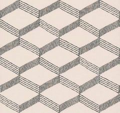 Palisades Paperweave Wallpaper by York Wallcoverings features a geometric pattern of black outlined cubes with diagonal hatching on a light beige background, creating a repeating three-dimensional illusion.
