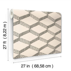 The Palisades Paperweave Wallpaper by York Wallcoverings features a black geometric cube pattern on a beige background and comes in rolls measuring 27 feet long and 27 inches (68.58 cm) wide.