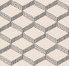The Palisades Paperweave Wallpaper by York Wallcoverings features a repeating pattern of black lines forming a 3D cube illusion on a light beige background, with each cube outlined by alternating solid and striped lines.