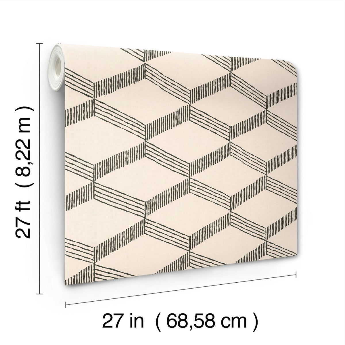 Palisades Paperweave Wallpaper by York Wallcoverings in a beige and black geometric pattern, shown in a 27-foot (8.22 m) long by 27-inch (68.58 cm) wide roll with clearly labeled dimensions.