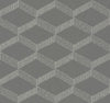 York Wallcoverings’ Palisades Paperweave Wallpaper features a gray background adorned with a repeating pattern of white, hand-drawn geometric cubes—created by parallel and diagonal lines—to produce an optical illusion of three-dimensional shapes.