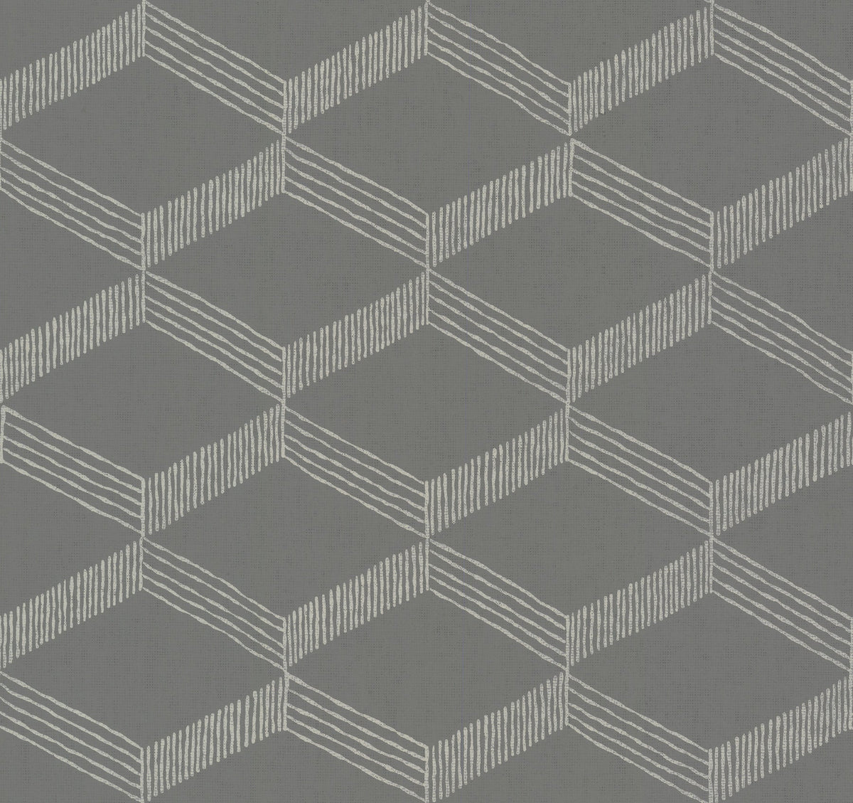 York Wallcoverings’ Palisades Paperweave Wallpaper features a gray background adorned with a repeating pattern of white, hand-drawn geometric cubes—created by parallel and diagonal lines—to produce an optical illusion of three-dimensional shapes.