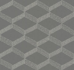 York Wallcoverings’ Palisades Paperweave Wallpaper features a gray background adorned with a repeating pattern of white, hand-drawn geometric cubes—created by parallel and diagonal lines—to produce an optical illusion of three-dimensional shapes.