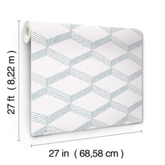 A roll of York Wallcoverings’ Palisades Paperweave Wallpaper featuring blue geometric patterns on a white background, measuring 27 feet (8.22 meters) in length and 27 inches (68.58 cm) in width.