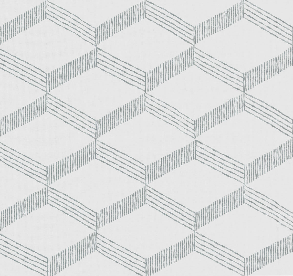 Transform your space with the Palisades Paperweave Wallpaper by York Wallcoverings, featuring a geometric pattern of repeating cubes outlined in gray lines and filled with parallel diagonal stripes on two sides. This design creates a striking three-dimensional, optical illusion effect against a crisp white background.