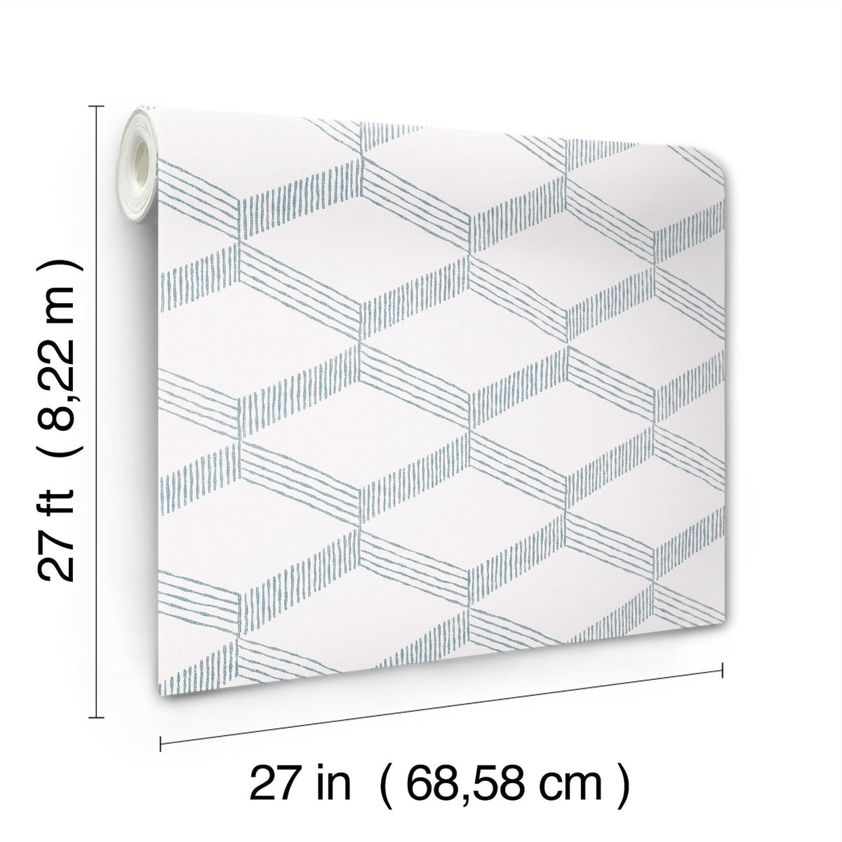Palisades Paperweave Wallpaper by York Wallcoverings, featuring a blue geometric pattern, is shown as a roll measuring 27 feet (8.22 m) long and 27 inches (68.58 cm) wide, with the dimensions clearly labeled.