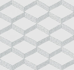 The Palisades Paperweave Wallpaper by York Wallcoverings features a repeating geometric pattern of cubes outlined in gray, with one side of each cube accented by closely spaced parallel lines, creating an optical illusion effect on a white background.