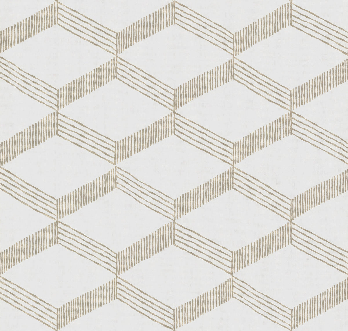 Inspired by a geometric hexagon motif, the Palisades Paperweave Wallpaper from York Wallcoverings features interlocking brown lines on a white background. Each hexagon is crafted with diagonal, vertical, and horizontal lines to create a striking three-dimensional cube effect.