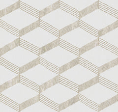 Inspired by a geometric hexagon motif, the Palisades Paperweave Wallpaper from York Wallcoverings features interlocking brown lines on a white background. Each hexagon is crafted with diagonal, vertical, and horizontal lines to create a striking three-dimensional cube effect.