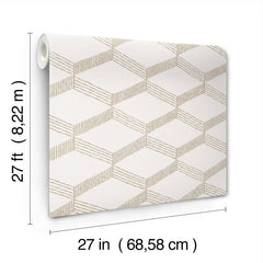A roll of Palisades Paperweave Wallpaper by York Wallcoverings, measuring 27 feet (8.22 m) in length and 27 inches (68.58 cm) in width, features beige lines forming a geometric cube pattern on a white background.