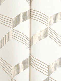 A close-up of the Palisades Paperweave Wallpaper by York Wallcoverings, featuring beige zigzag lines forming a geometric pattern on a white textured surface, with a vertical seam running down the center.