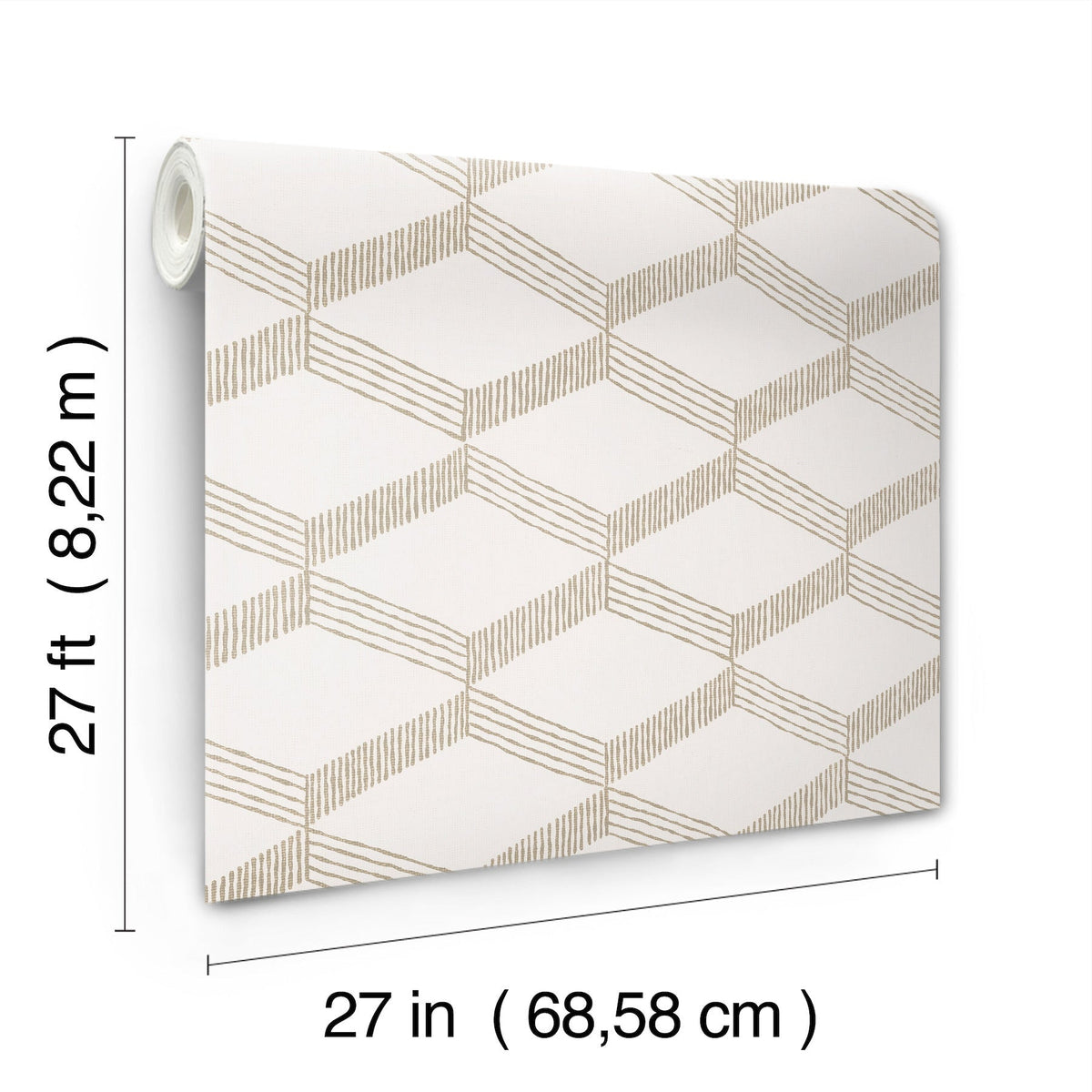 The Palisades Paperweave Wallpaper by York Wallcoverings is shown featuring a geometric pattern. Text indicates the dimensions: 27 feet (8.22 m) long and 27 inches (68.58 cm) wide.