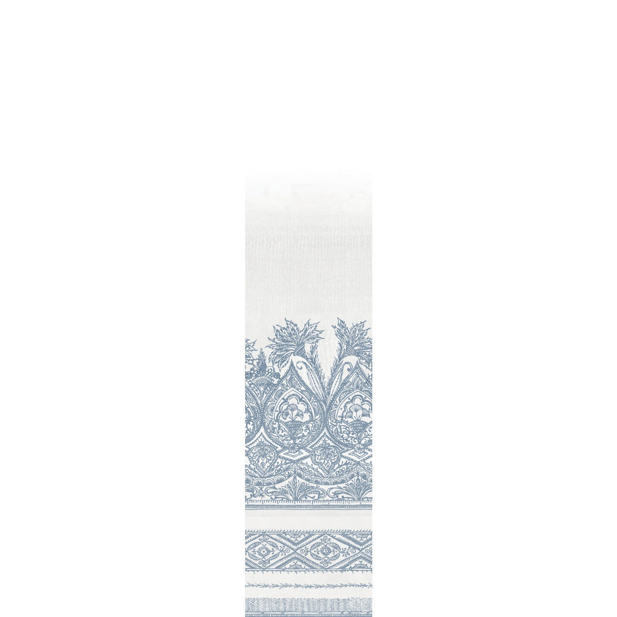 The Henna Wall Mural from York Wallcoverings is a white wallcovering adorned with an intricate blue pattern of stylized birds, floral motifs, and geometric designs along the lower section.