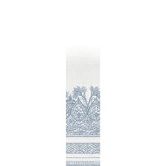 The Henna Wall Mural from York Wallcoverings is a white wallcovering adorned with an intricate blue pattern of stylized birds, floral motifs, and geometric designs along the lower section.