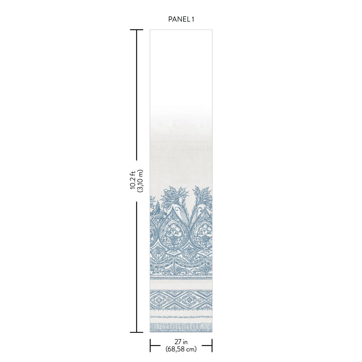 A single “Henna Wall Mural” panel from York Wallcoverings, measuring 102.4 inches (260 cm) in height and 27 inches (68.58 cm) in width, featuring blue decorative patterns along the bottom.