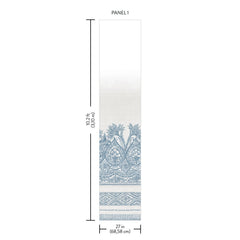 The Henna Wall Mural by York Wallcoverings measures 102.4 inches (260 cm) in height and 27 inches (68.58 cm) in width, and showcases an intricate blue pattern along the bottom edge.