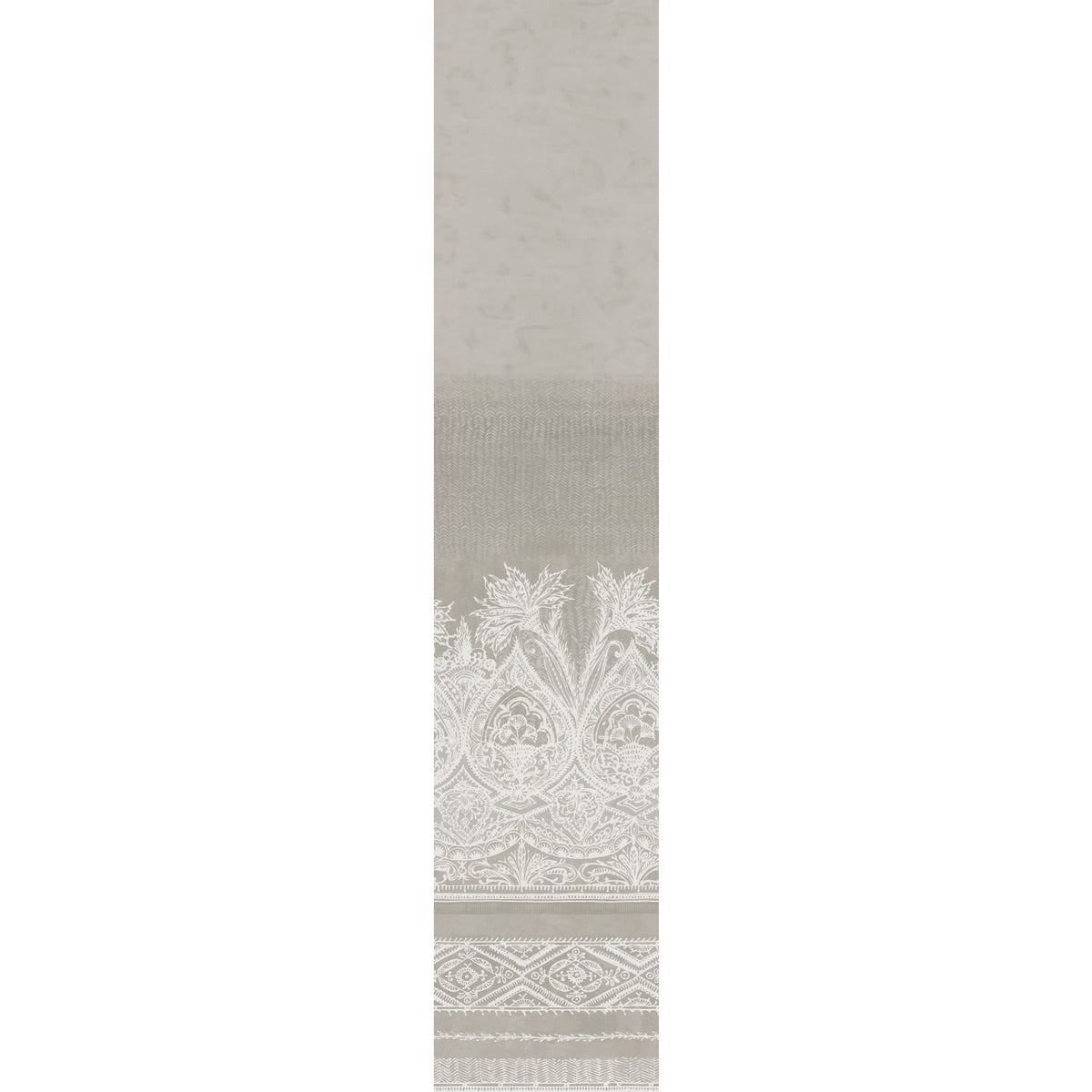 The Henna Wall Mural by York Wallcoverings features a vertical rectangular design with a gradient that transitions from light gray at the top to a slightly darker gray in the center, finishing with an ornate white floral and geometric pattern at the bottom.