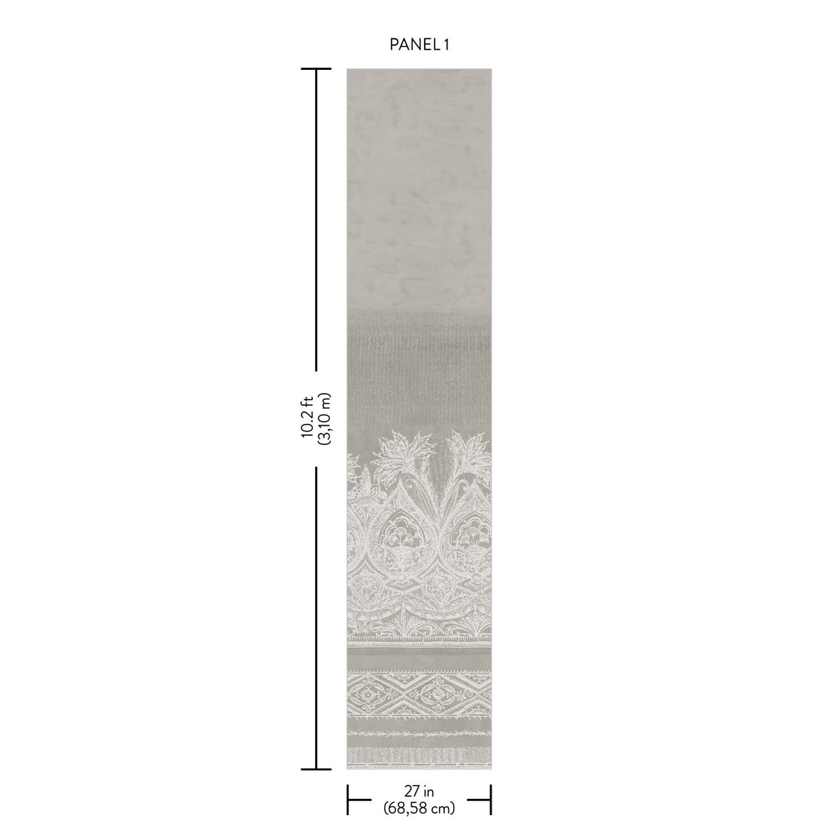 A single Henna Wall Mural by York Wallcoverings, measuring 102.4 inches (3.10 meters) in height and 27 inches (68.58 cm) in width, features a patterned design with intricate details near the bottom.