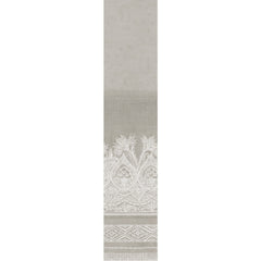 The Henna Wall Mural from York Wallcoverings features a vertical strip design with a gradient transitioning from light to medium gray and showcases an ornate, white, floral and geometric lace pattern along the bottom portion.