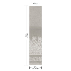 Introducing the Henna Wall Mural by York Wallcoverings: a single fabric panel measuring 102.4 inches (260 cm) in height by 27 inches (68.58 cm) in width, featuring exquisite white embroidered patterns along the bottom.