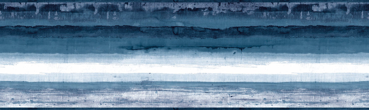 Mesa Wallpaper Border featuring horizontal bands of deep blue watercolor washes with a central white stripe.