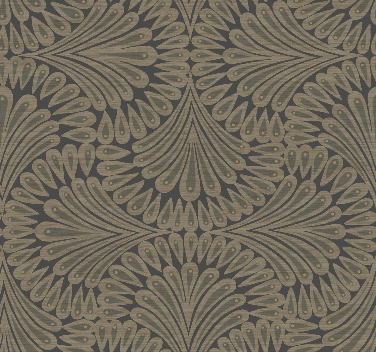 Cabaret Wallpaper by York Wallcoverings features a seamless geometric pattern with tan, fan-shaped motifs and teardrop elements on a dark background, creating a symmetrical, vintage, art deco-inspired design.