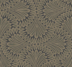 Cabaret Wallpaper by York Wallcoverings features a seamless geometric pattern with tan, fan-shaped motifs and teardrop elements on a dark background, creating a symmetrical, vintage, art deco-inspired design.