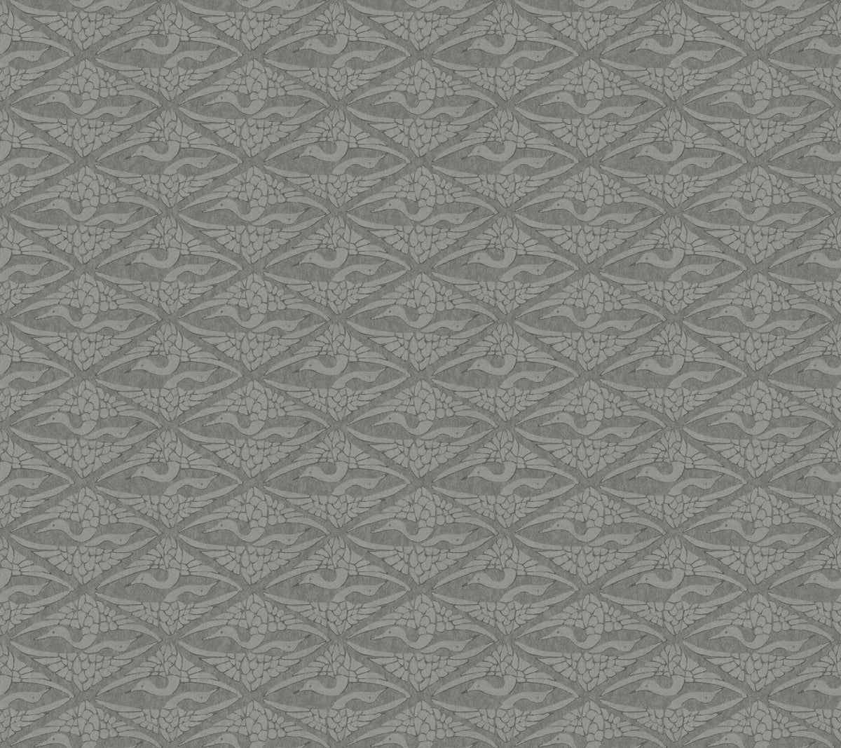 The High Society Wallpaper by York Wallcoverings showcases an intricate blue and gray pattern of symmetrical, stylized birds and floral motifs arranged in a diamond-shaped grid, creating a vintage, ornamental aesthetic.