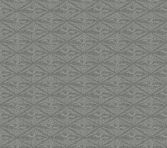 High Society Wallpaper by York Wallcoverings features a repeating geometric pattern with symmetrical, stylized birds and floral shapes in shades of grayish blue, creating an intricate, vintage-inspired design.