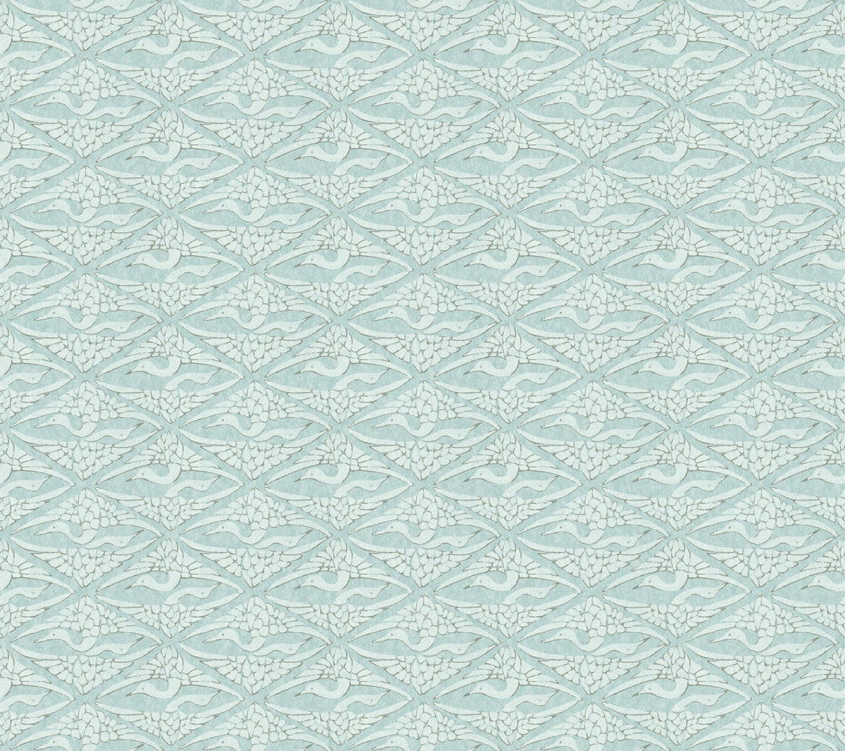 High Society Wallpaper by York Wallcoverings features a delicate and symmetrical geometric design, showcasing repeating light blue and white stylized floral and leaf motifs arranged in diamond shapes.