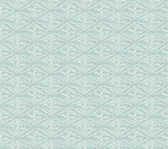 High Society Wallpaper by York Wallcoverings features a delicate and symmetrical geometric design, showcasing repeating light blue and white stylized floral and leaf motifs arranged in diamond shapes.