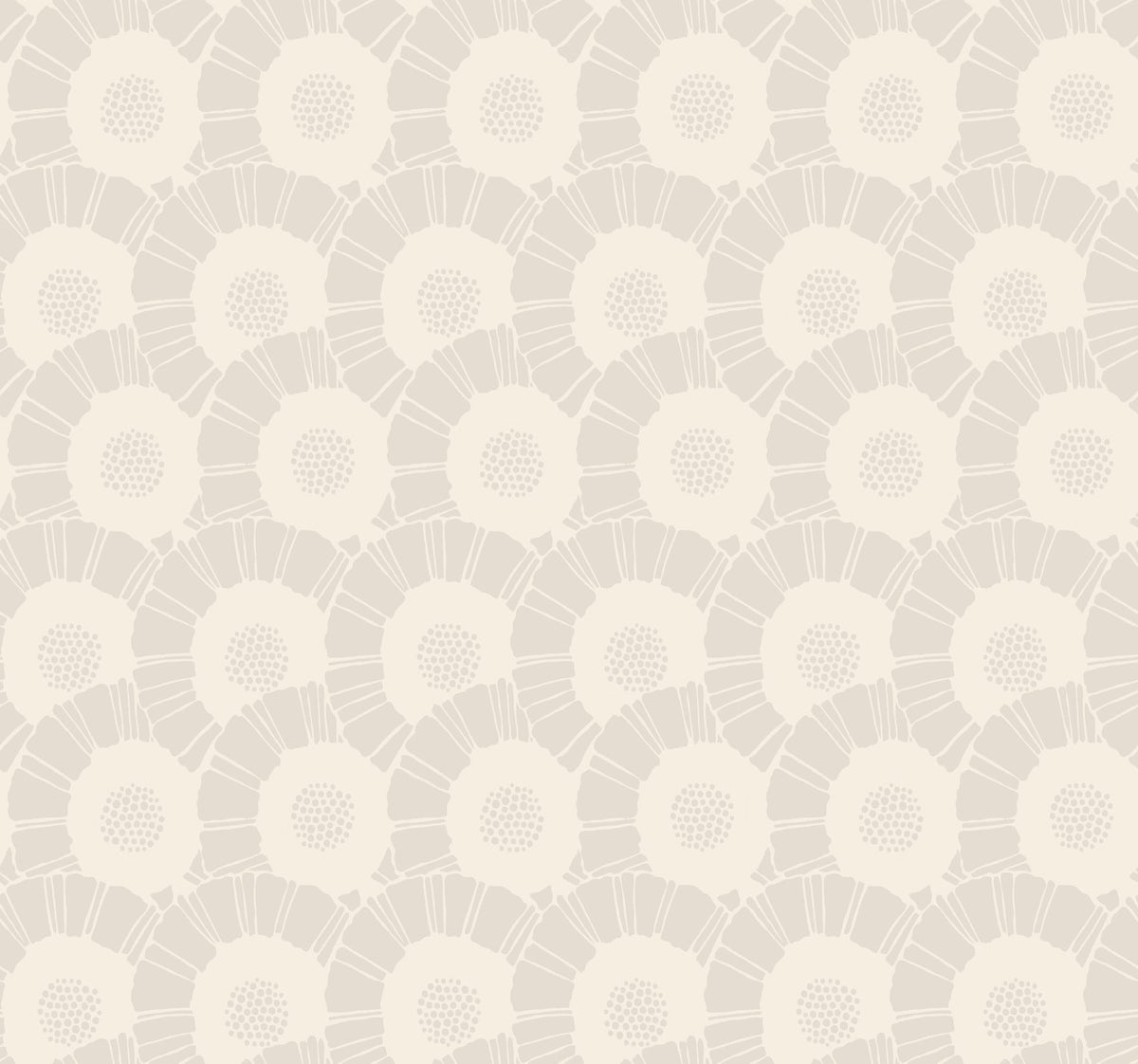 Coco Bloom Wallpaper by York Wallcoverings features a seamless beige pattern with stylized, abstract floral shapes—each with circular centers and radiating lines—repeated throughout for a soft, subtle background effect.