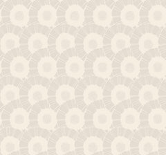 Coco Bloom Wallpaper by York Wallcoverings features a seamless beige pattern with stylized, abstract floral shapes—each with circular centers and radiating lines—repeated throughout for a soft, subtle background effect.
