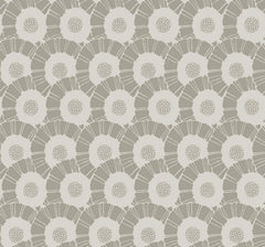 The Coco Bloom Wallpaper by York Wallcoverings features a repeating pattern of stylized, abstract flowers with circular centers and radiating petals in shades of beige and gray on a light background.