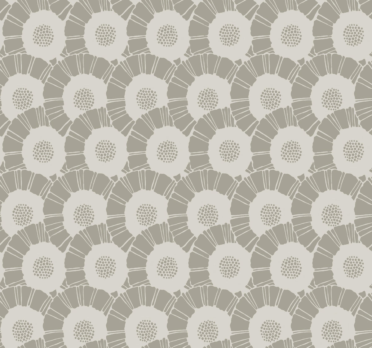 Coco Bloom Wallpaper by York Wallcoverings features a repeating pattern of stylized, abstract white flowers with circular centers and radiating petals on a light gray background, creating a uniform, geometric, and modern floral motif.