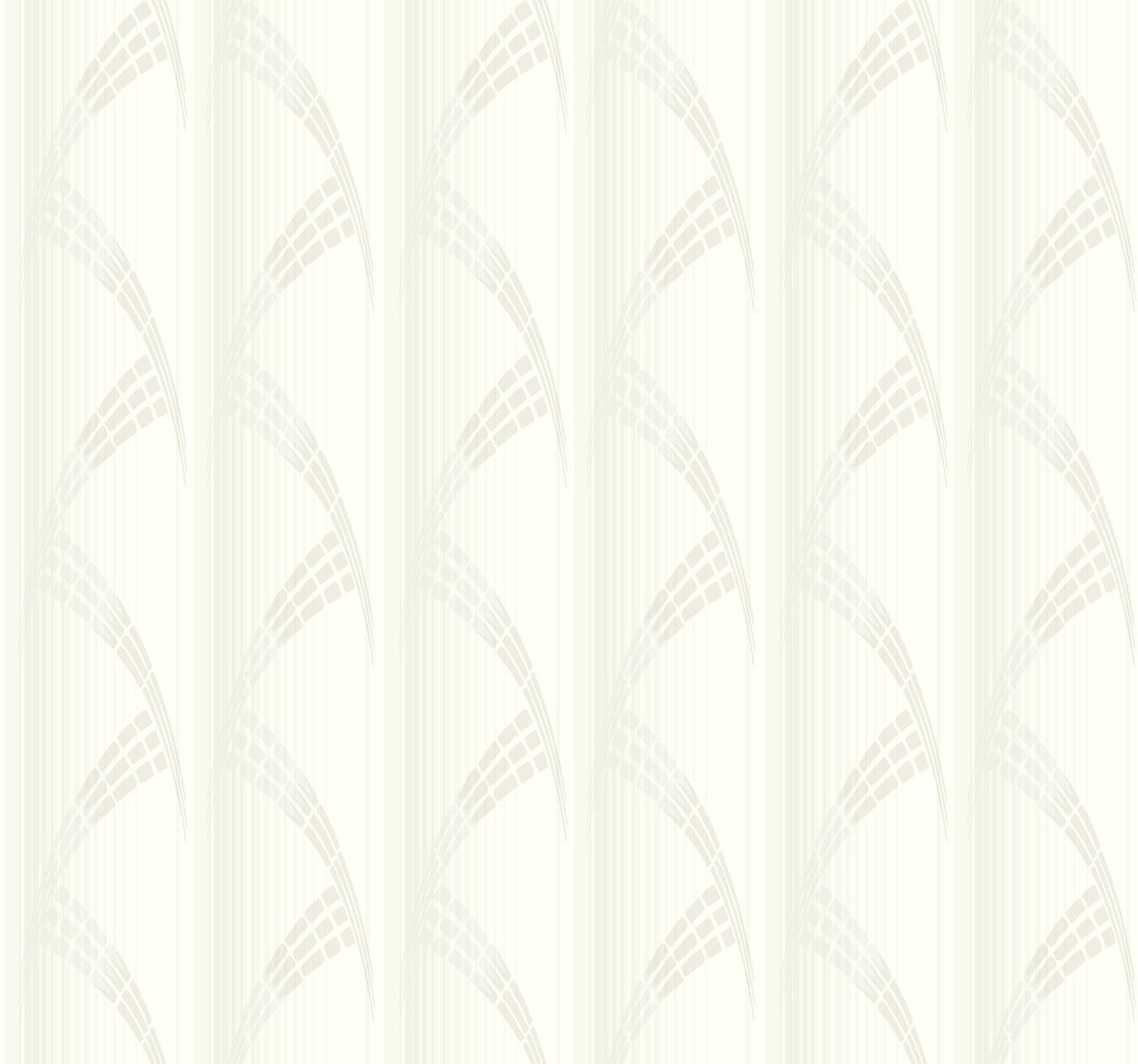 Metropolis Wallpaper by York Wallcoverings features a light beige background with vertical lines and repeating, fan-like geometric shapes in a soft gray hue, creating a subtle, elegant, and symmetrical abstract pattern.