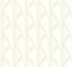Metropolis Wallpaper by York Wallcoverings features a light beige background with vertical lines and repeating, fan-like geometric shapes in a soft gray hue, creating a subtle, elegant, and symmetrical abstract pattern.