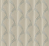 Metropolis Wallpaper by York Wallcoverings features a repeating pattern of curved, geometric shapes in light beige and gray tones set against a striped background, evoking an elegant Art Deco style.