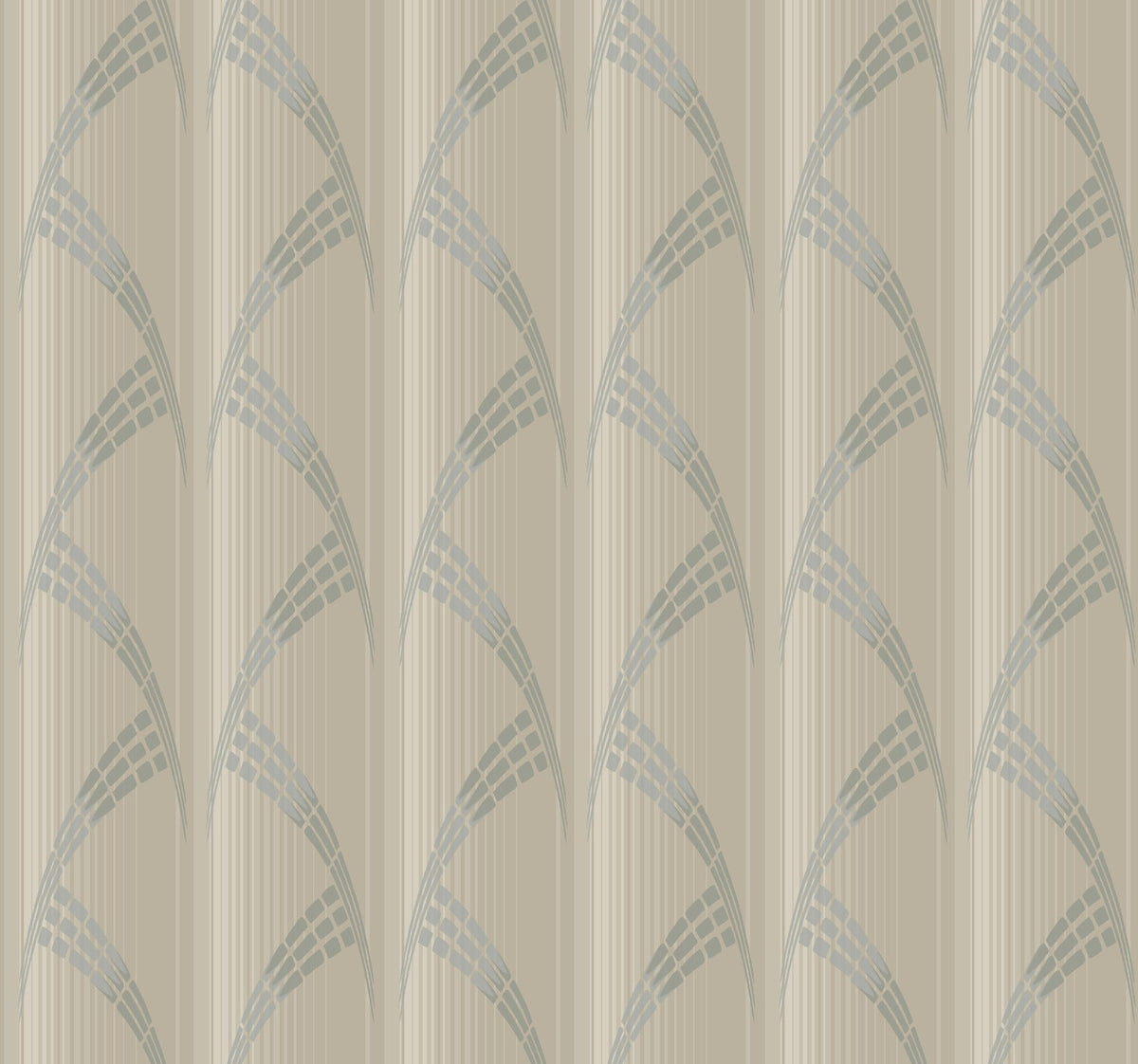 Metropolis Wallpaper by York Wallcoverings features a repeating pattern of curved, geometric shapes in light beige and gray tones set against a striped background, evoking an elegant Art Deco style.