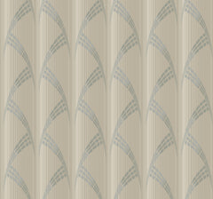 Metropolis Wallpaper by York Wallcoverings features a repeating pattern of curved, geometric shapes in light beige and gray tones set against a striped background, evoking an elegant Art Deco style.