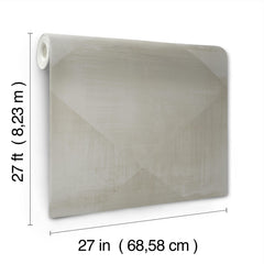 A roll of light gray In Clay Wallpaper featuring a geometric diamond pattern, annotated with dimensions of 27 inches by 27 feet.